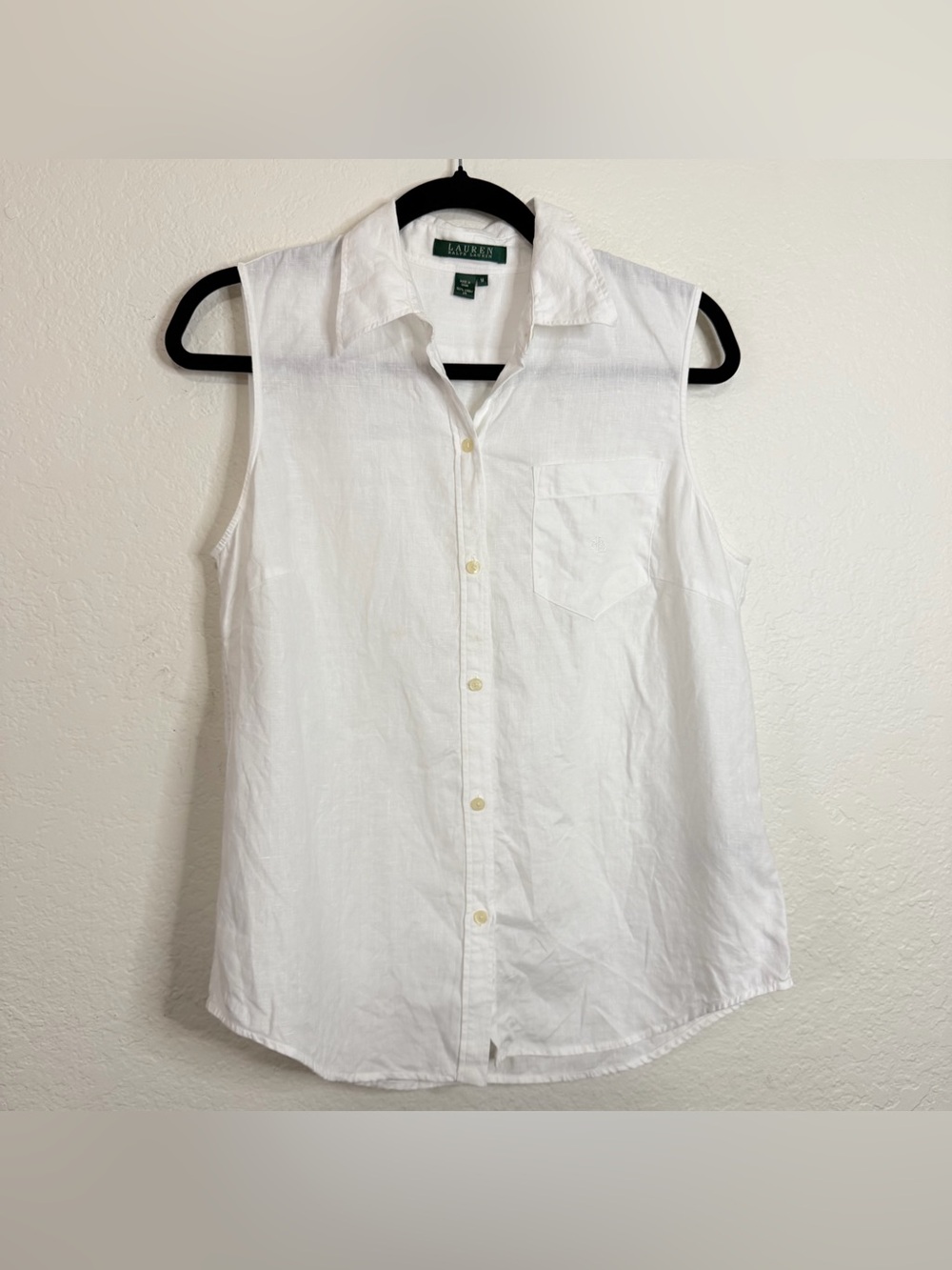 Lauren Ralph Lauren Sleeveless Shirt Button Up White 100% Linen Womens Medium